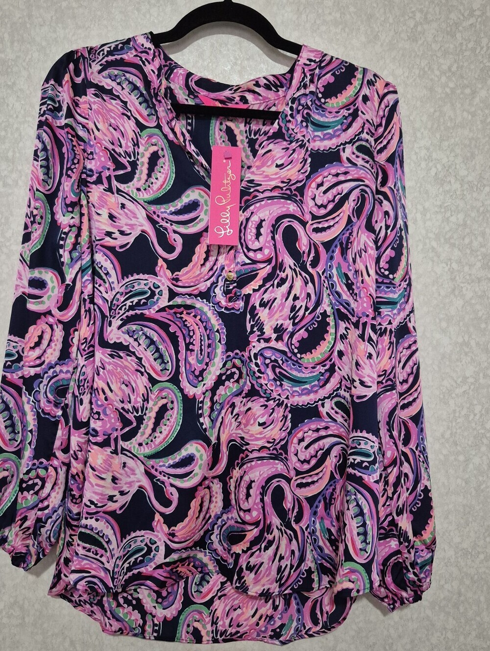 NWT Lilly Pulitzer Pink & Navy Paisley Blouse-Satin-long Sleeve:M